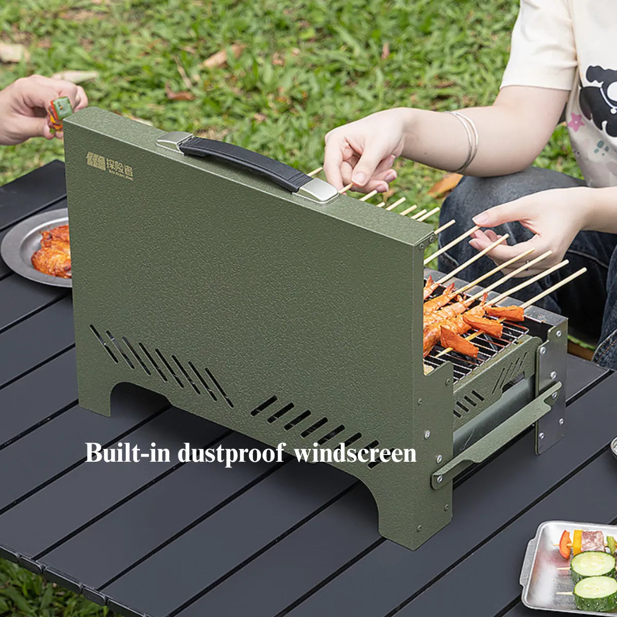 1s Foldable Camping Charcoal BBQ Grill With Windscreen