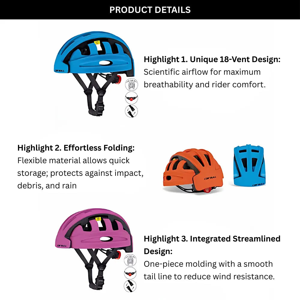 Foldable Bike Helmet Integrated Molding 18 Vents Breathable Safety