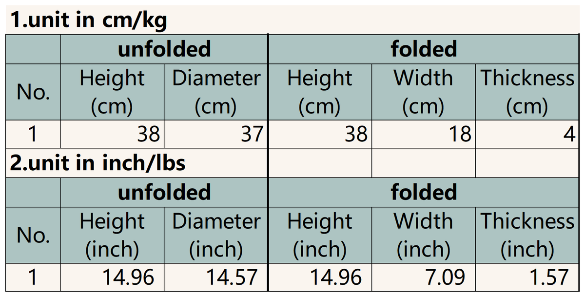 Size chart for Orange-Green Collapsible Stool