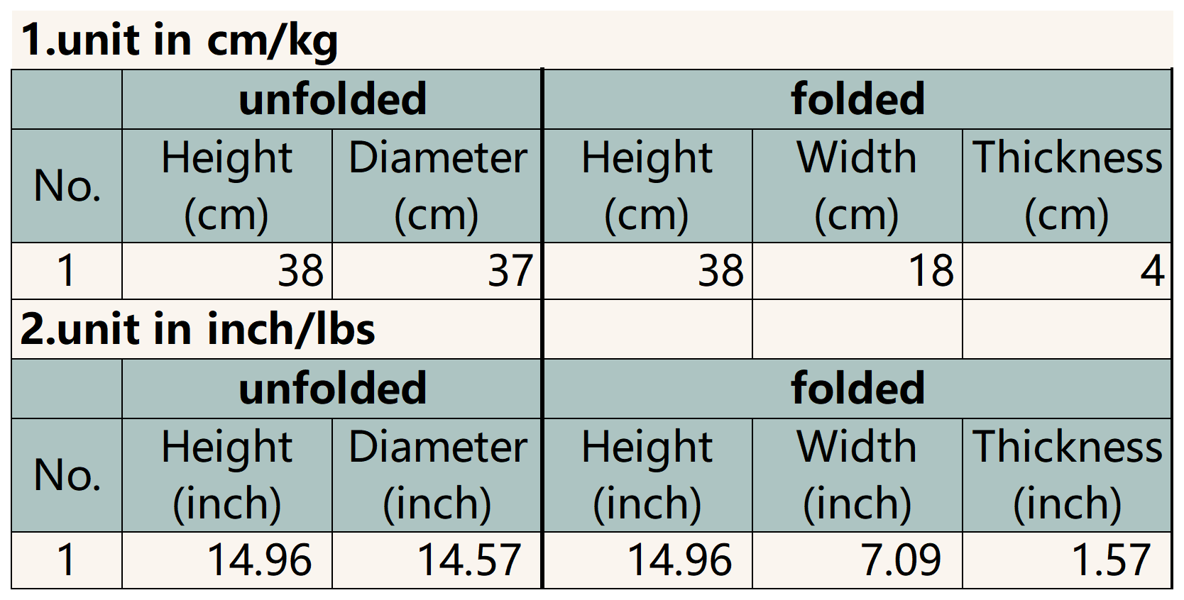 Size chart for Orange-Green Collapsible Stool