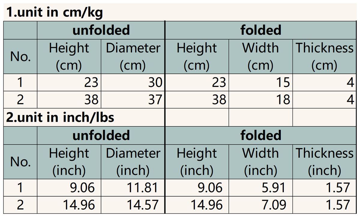 Size chart for Grey-Pink Stool Fold