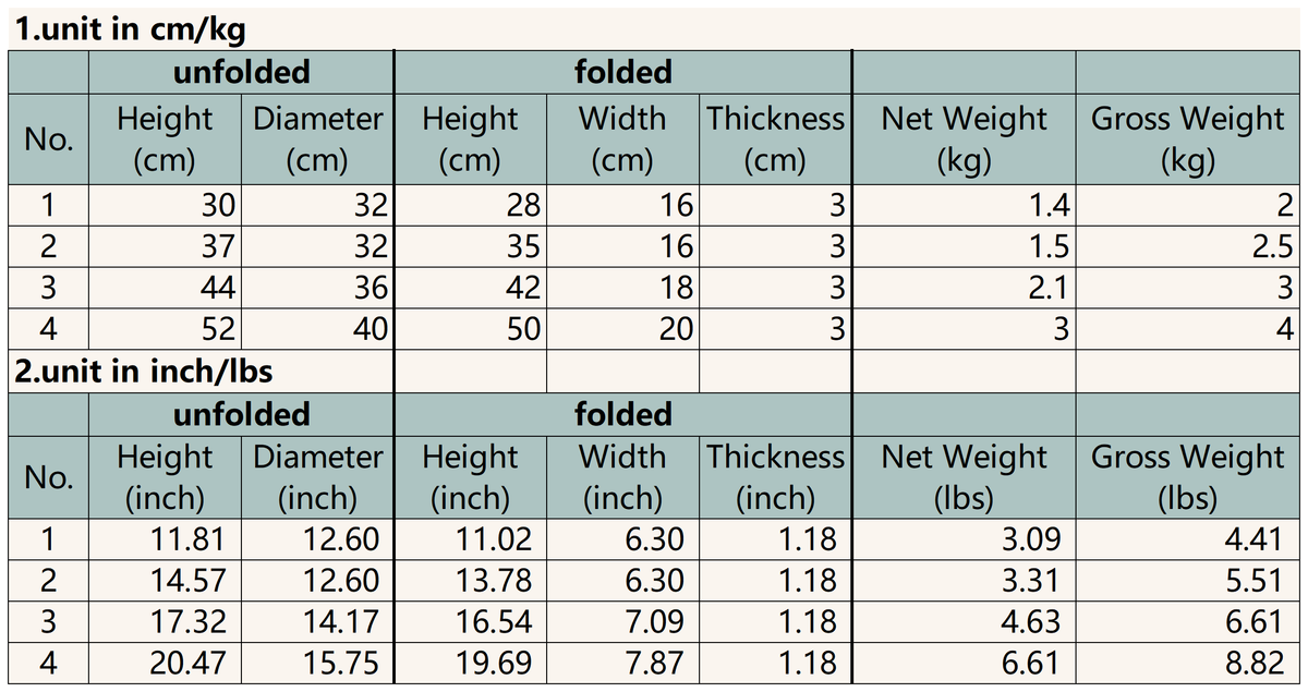 Size chart for Classic Foldable Stool