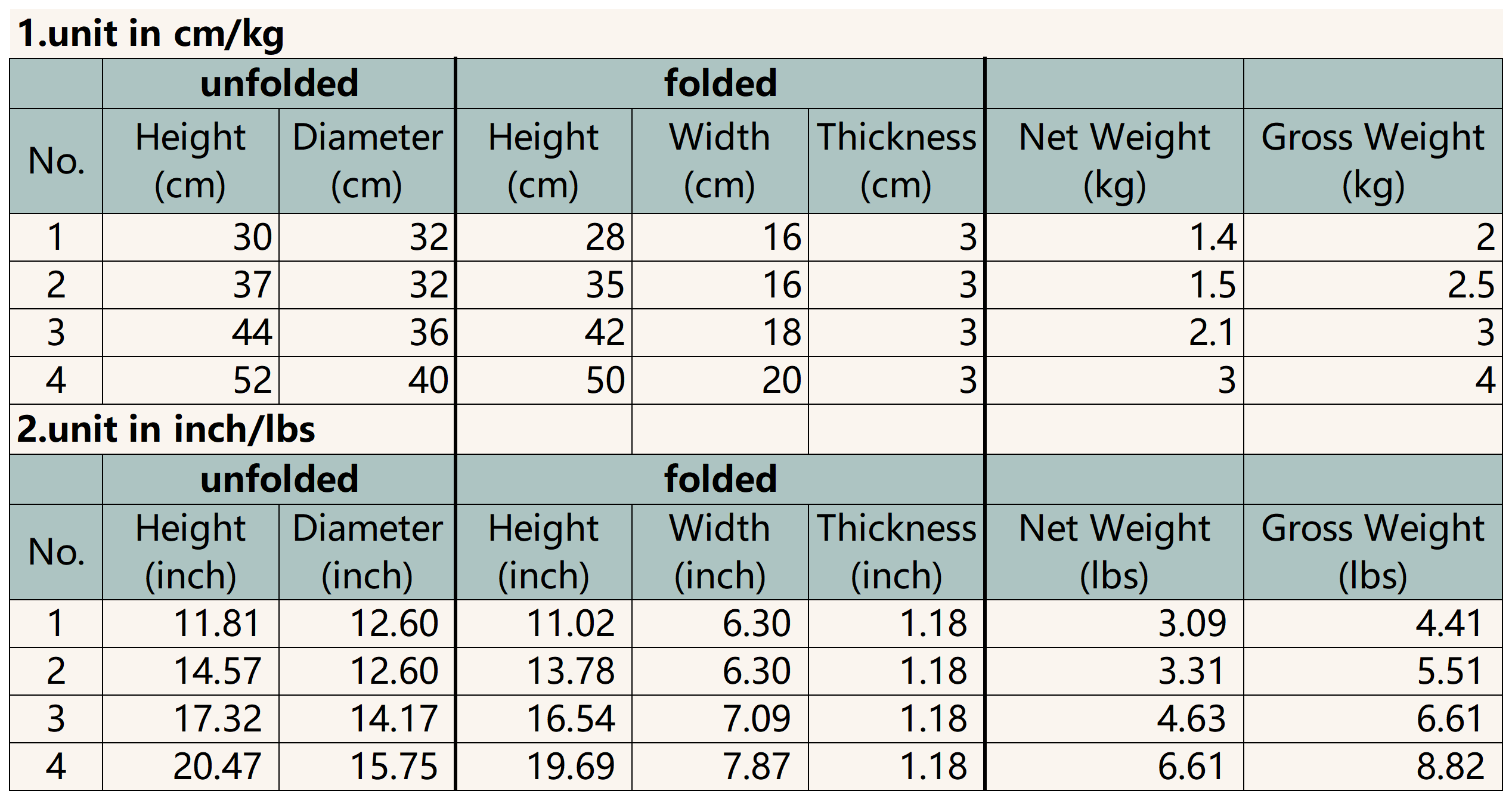 Size chart for Classic Foldable Stool