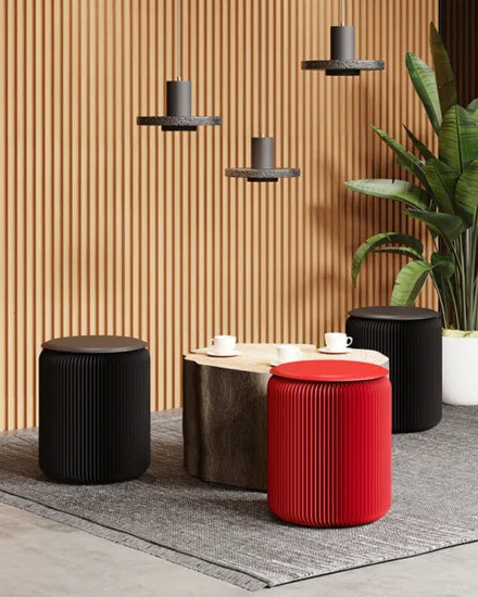 black modular folding stools interlocked for group seating